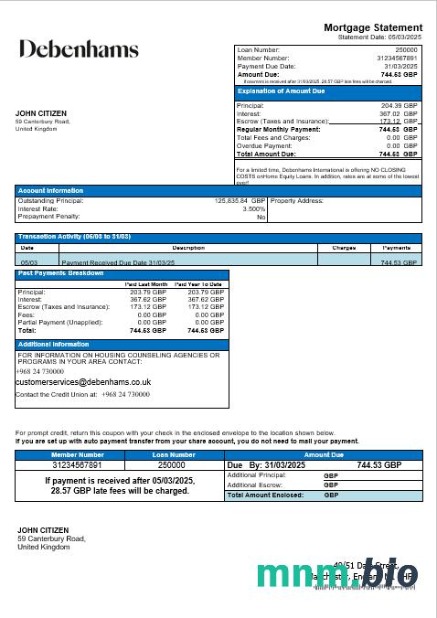 Zjednoczone Królestwo Debenhams wyciąg z kredytu hipotecznego w formatach Word i PDF
